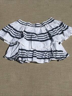Faithful the Brand White and Navy Striped Off-Shoulder Ruffle Top